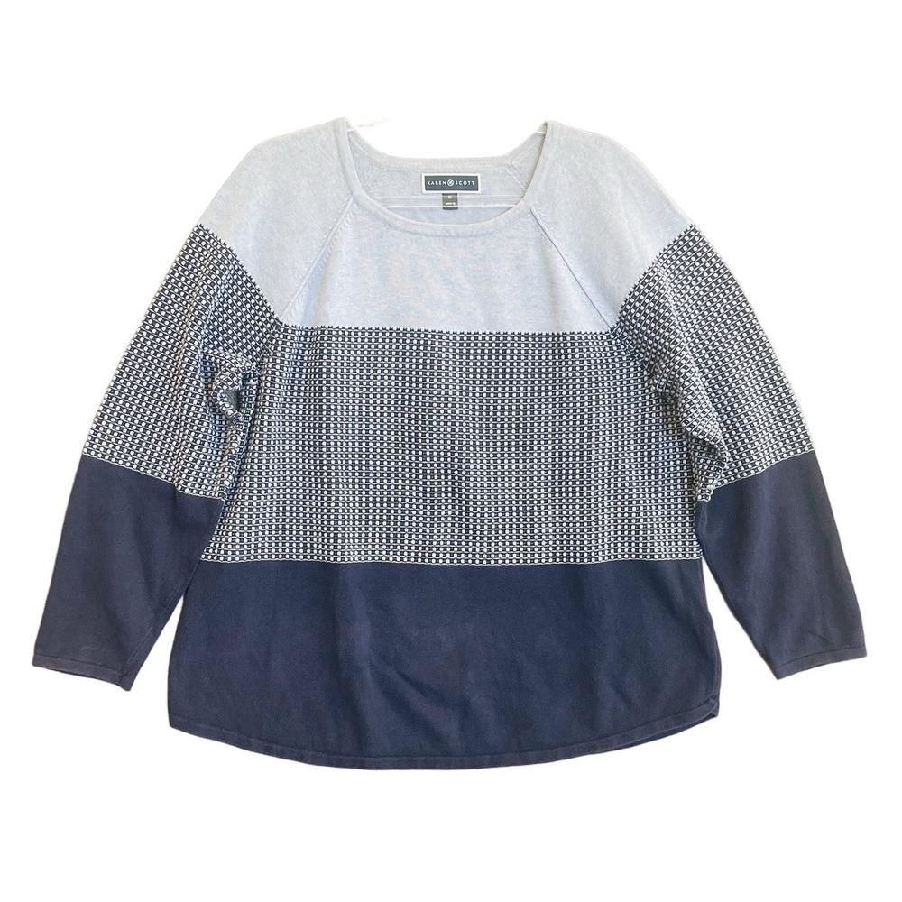 Karen Scott Sweater Women XL Blue Colorblock Knit Pullover Casual Comfy